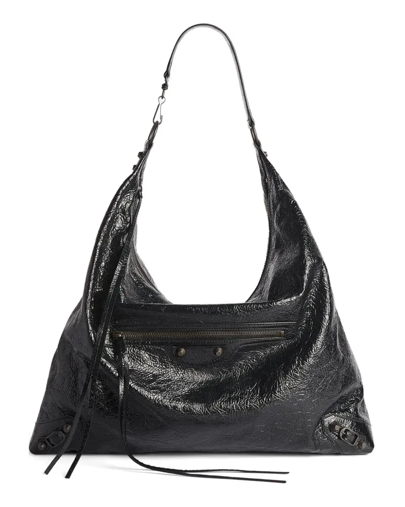 Balenciaga Große Le City Lederschultertasche mit Knitteroptik - Schwarz Schwarz
