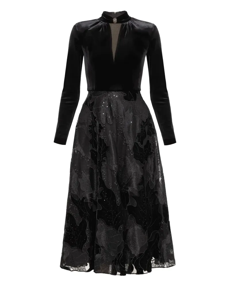 NISSA embroidered velvet midi dress - Schwarz Schwarz