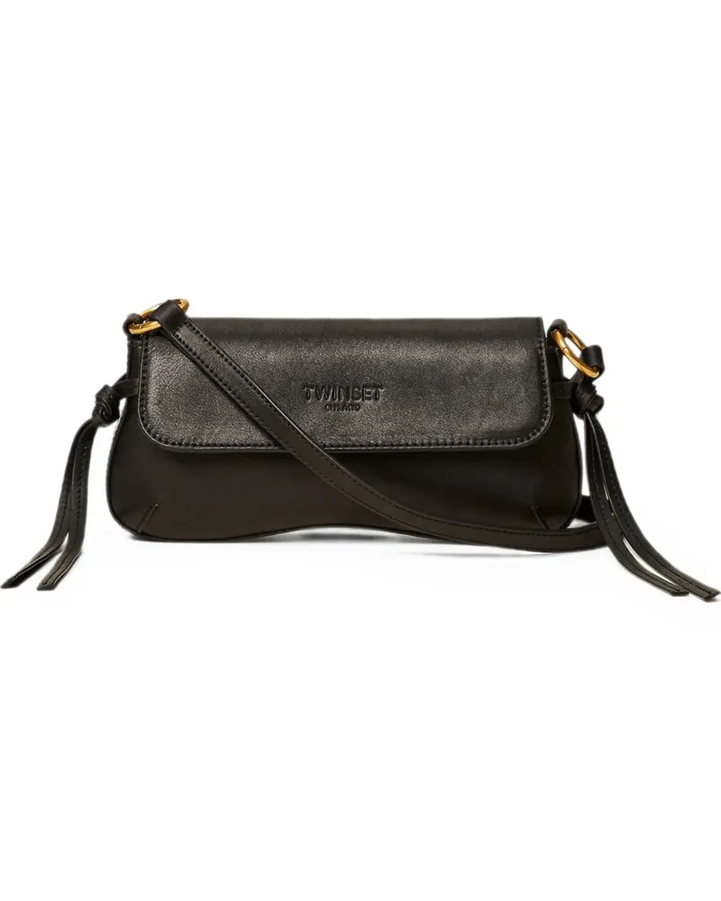 Twin-Set leather shoulder bag with flap - Schwarz Schwarz