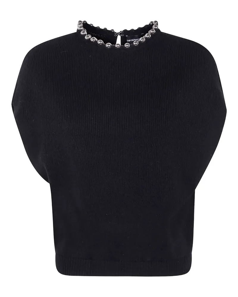 Emporio Armani Gerippter Pullover mit perlenverziertem Kragen - Schwarz Schwarz