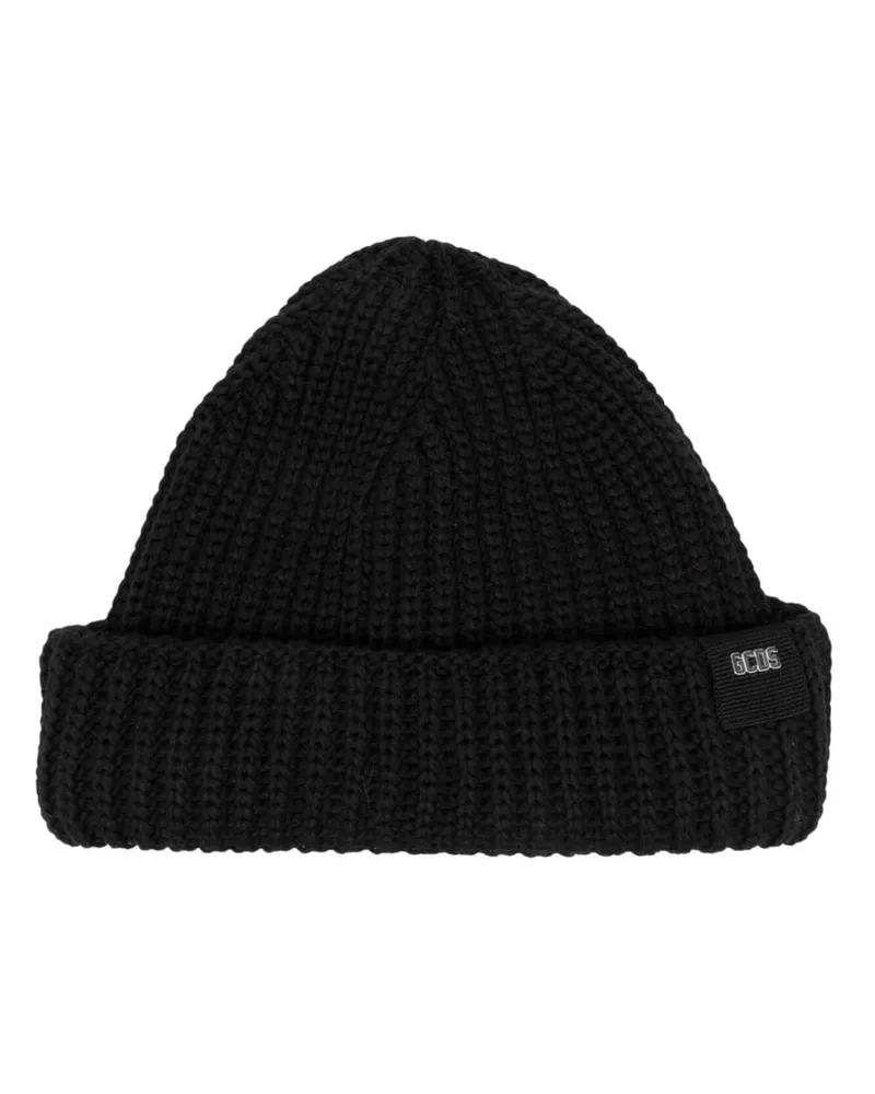GCDS Gerippte Beanie mit Logo-Patch - Schwarz Schwarz