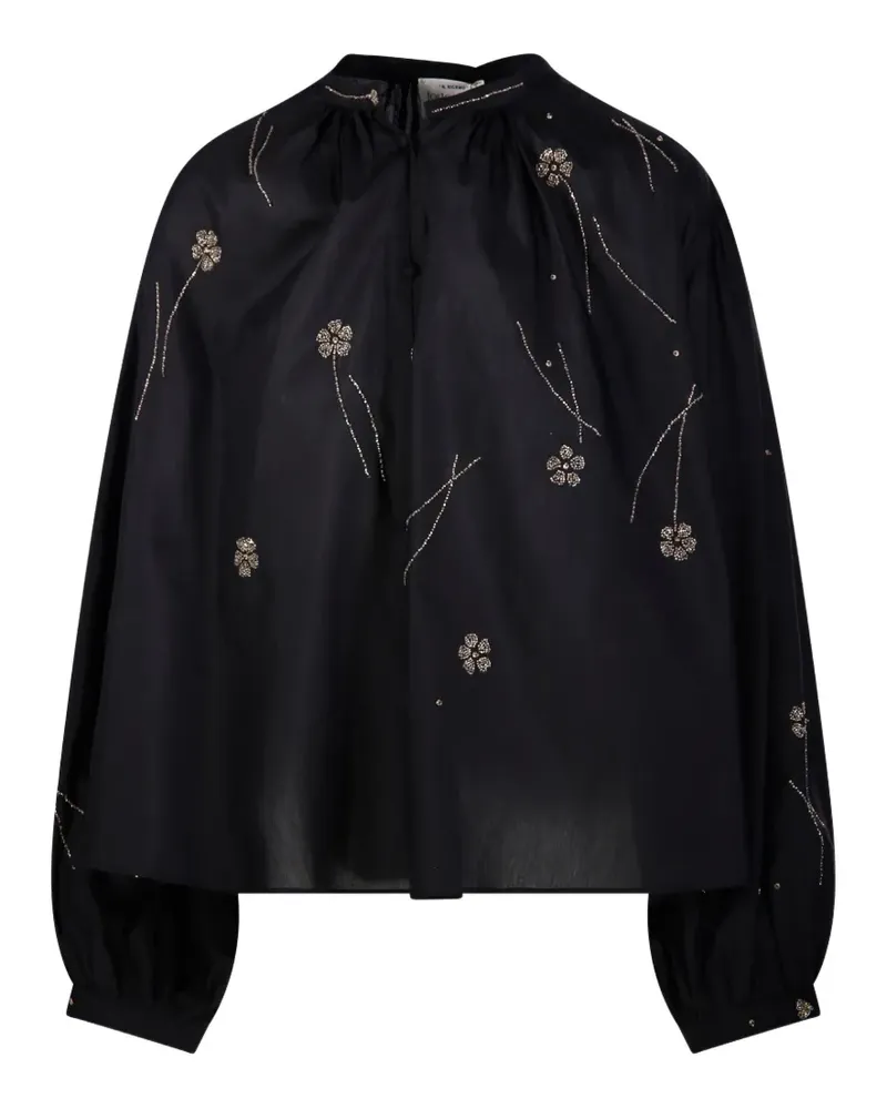forte_forte Gerafftes Fleurs D'orient Hemd mit Blumenstickerei - Schwarz Schwarz