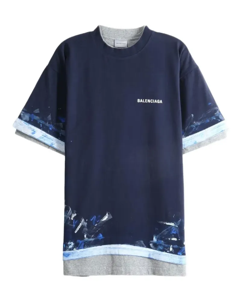 Balenciaga T-Shirt im Layering-Look mit Farbklecks-Print - Blau Blau