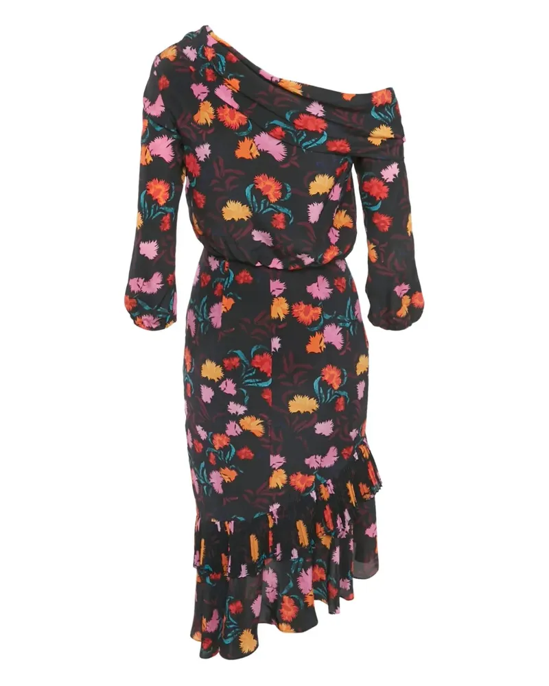 Saloni Gerüschtes Kleid mit Blumen-Print - Schwarz Schwarz
