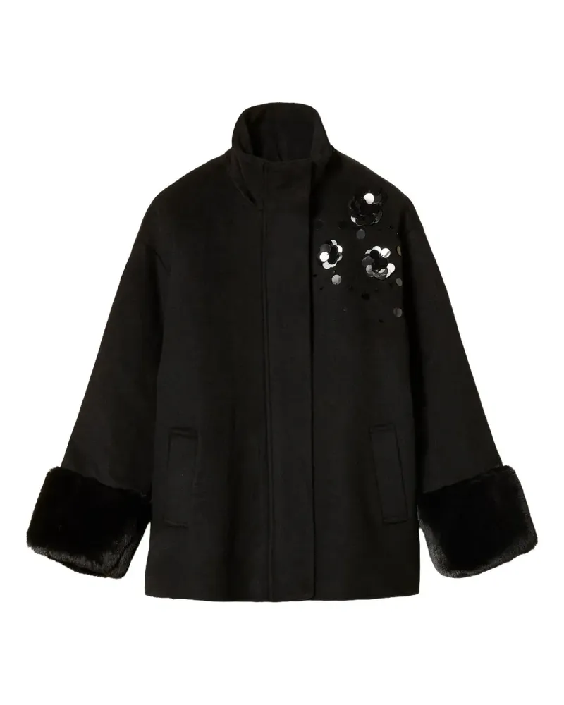 Twin-Set wool cloth coat with faux fur and embroidery - Schwarz Schwarz