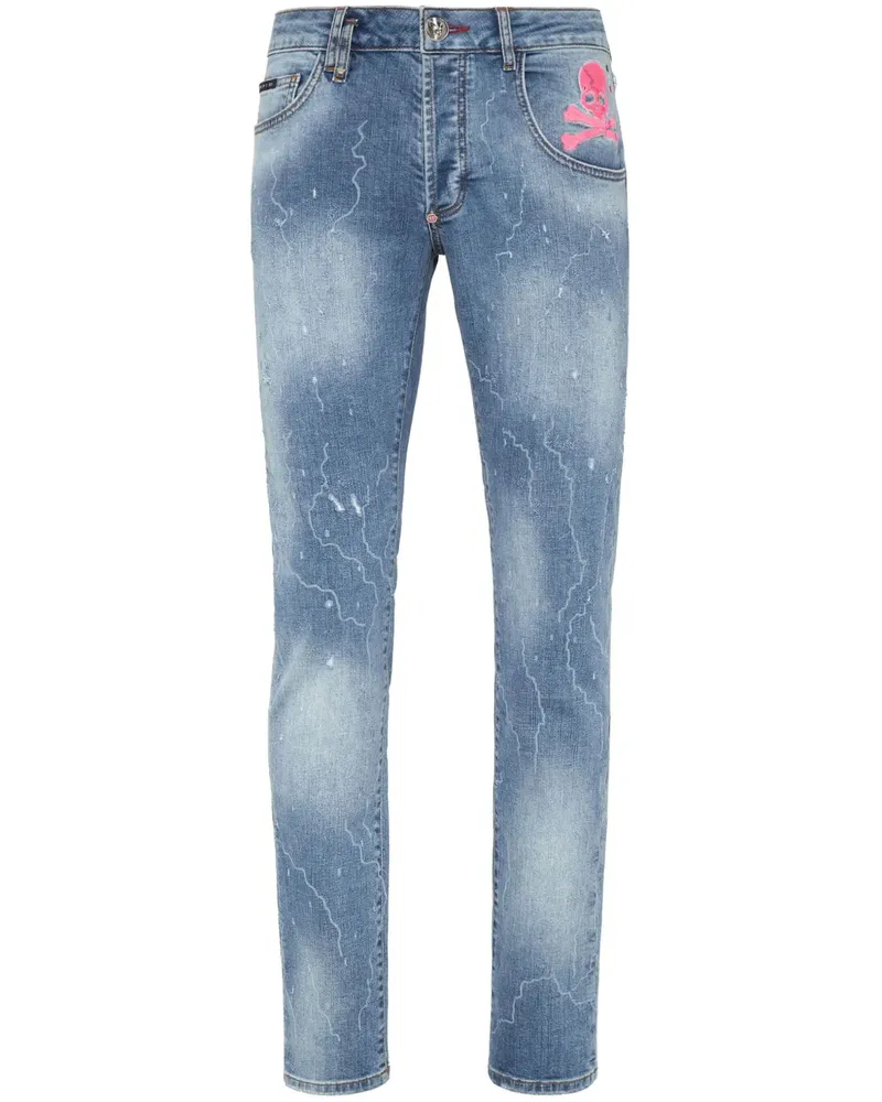 Philipp Plein Gerade Jeans mit Totenkopf-Print - Blau Blau