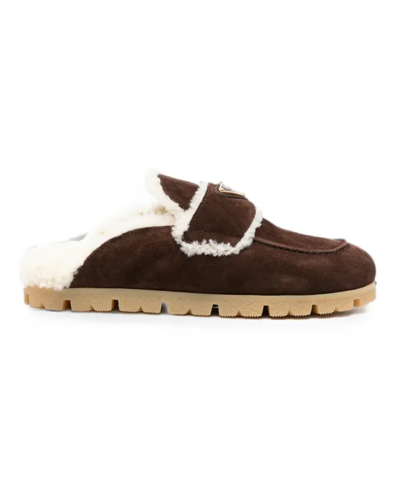 Prada shearling-trim logo-plaque suede mules - Braun Braun