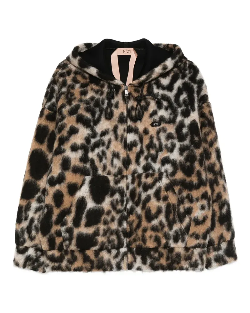 N° 21 Kapuzenmantel mit Leoparden-Print - Schwarz Schwarz