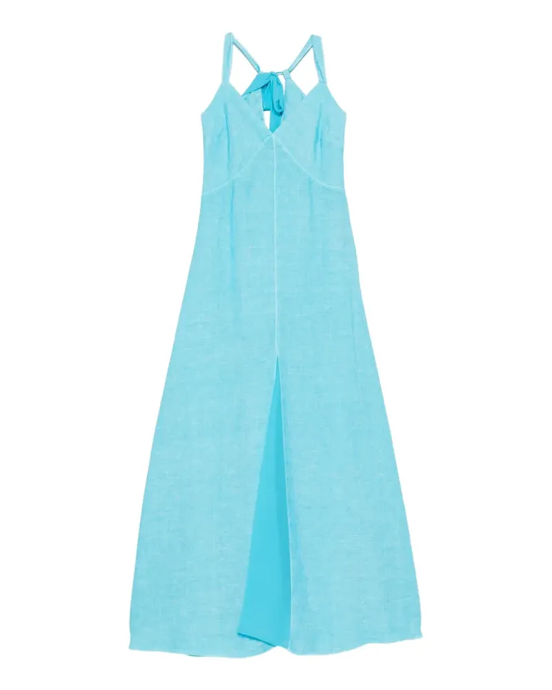 120% Lino gathered-waist V-neck maxi dress - Blau Blau