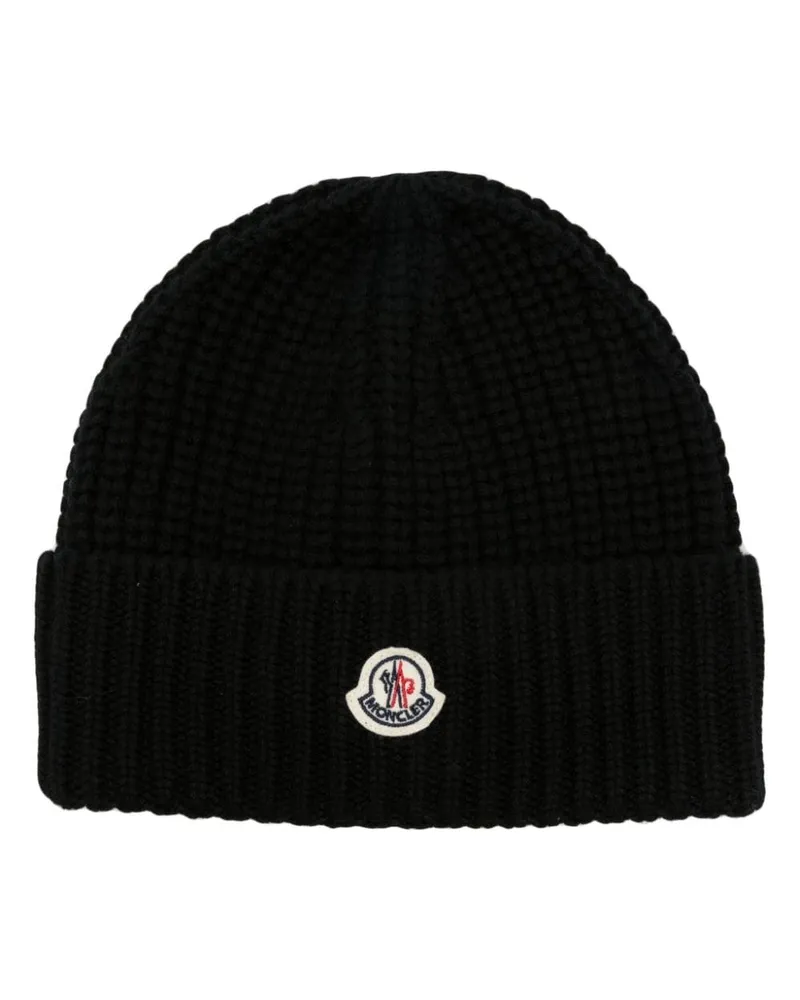 Moncler Gestrickte Beanie mit Logo-Patch - Schwarz Schwarz