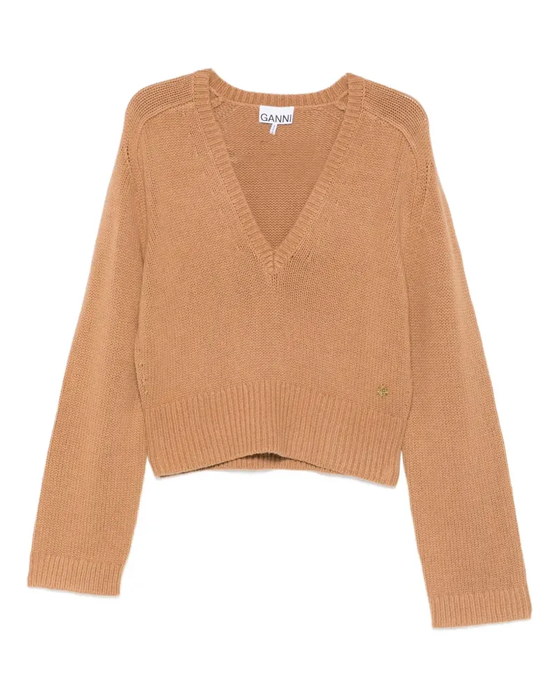 Ganni V-Ausschnitt-Strick mit Logo-Detail - Braun Braun