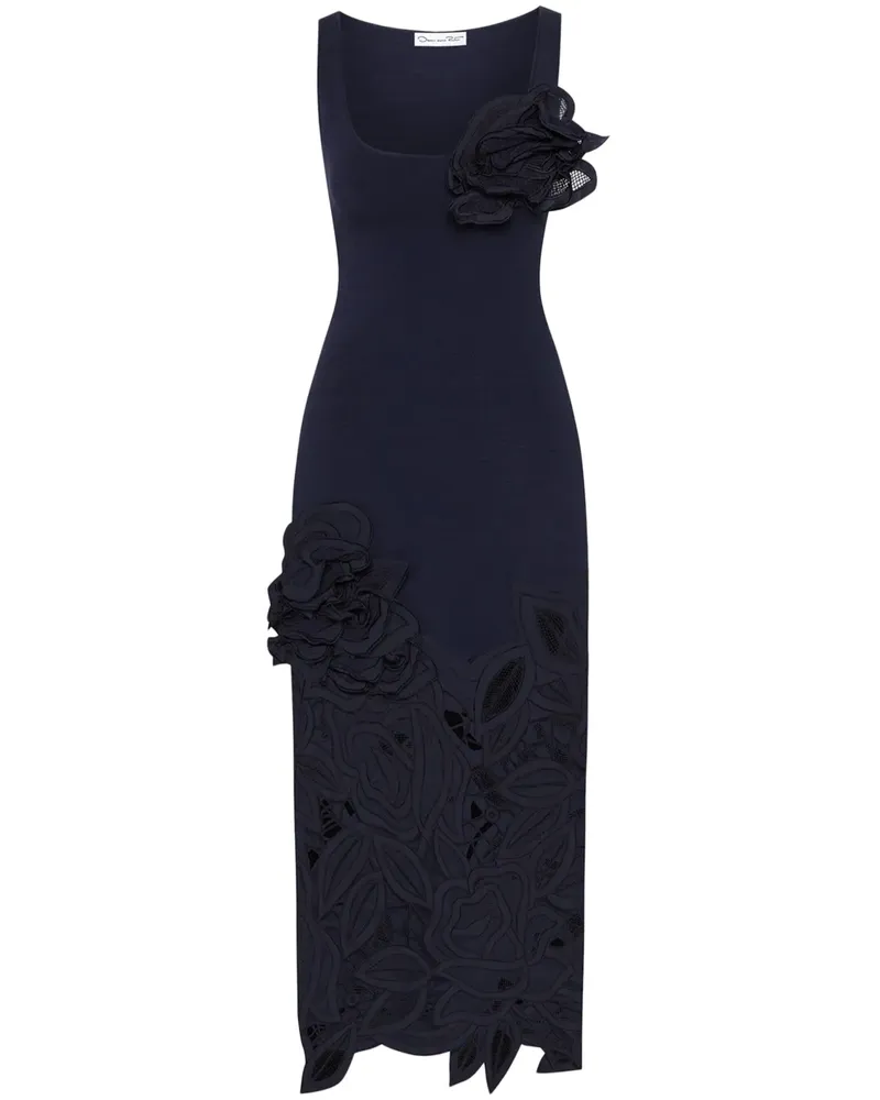 Oscar de la Renta Stick-Midikleid mit Rosenapplikation - Blau Blau