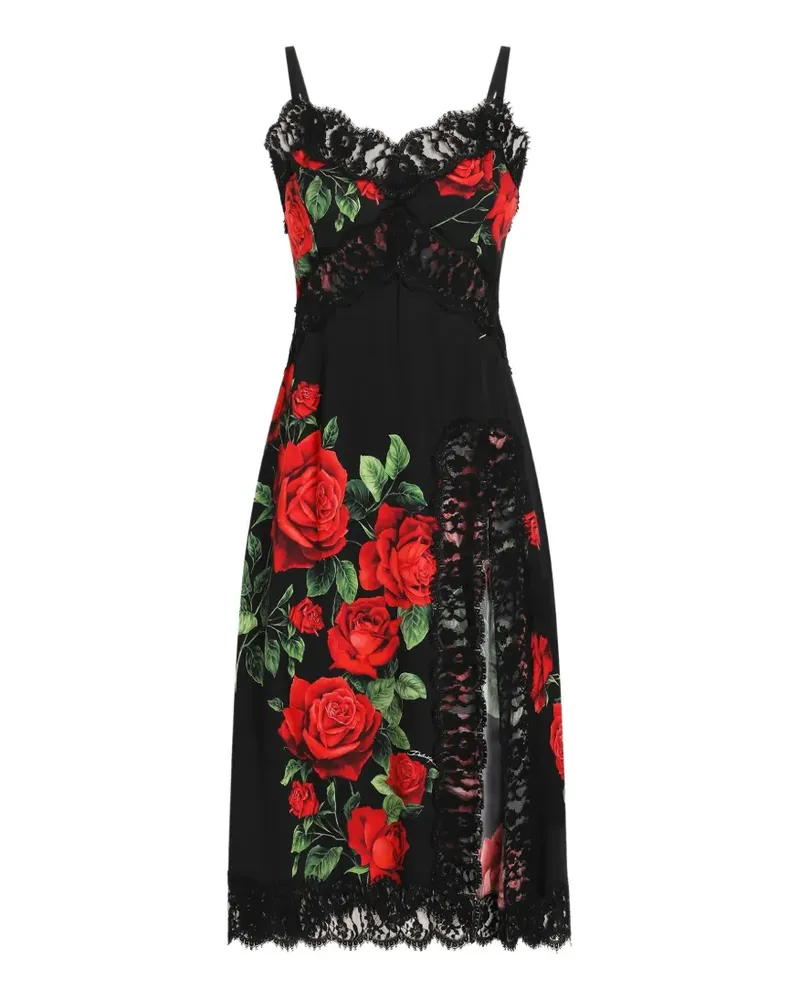 Dolce & Gabbana Midikleid mit Rosen-Print - Schwarz Schwarz