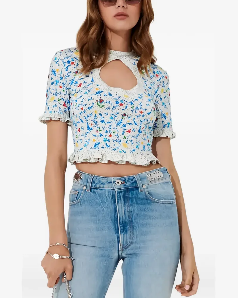Paco Rabanne floral-print ruffled cropped blouse - Weiß Weiß