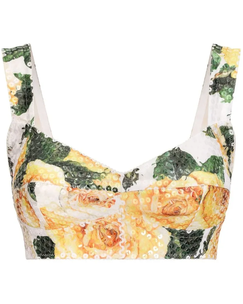 Dolce & Gabbana Paillettenverzierte Corsage mit Rosen-Print - Weiß Weiß