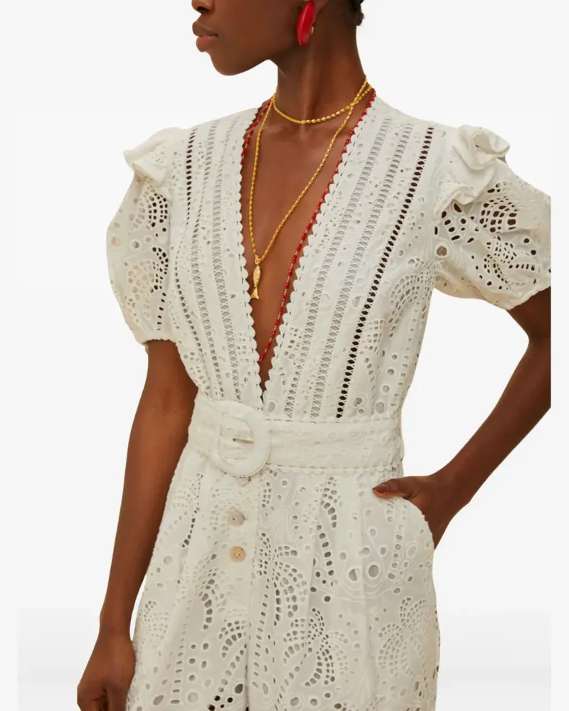 FARM Rio broderie-anglaise puff-sleeve jumpsuit - L0025 OFF WHITE L0025