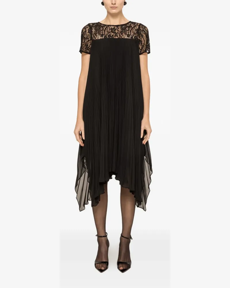 NISSA lace-panel pleated midi dress - Schwarz Schwarz