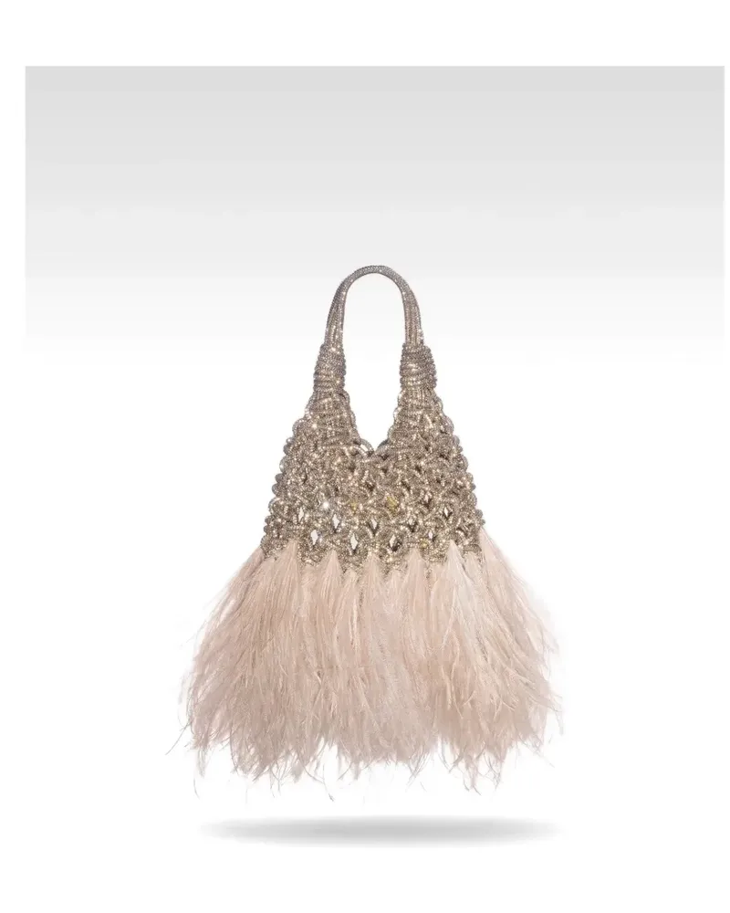 HIBOURAMA Vannifique Plumes crystal-embellished feather-trim tote bag - Gold Gold