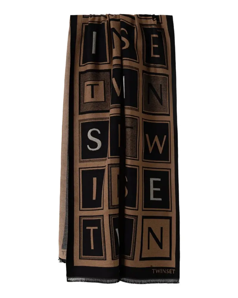 Twin-Set Ausgefranster Schal mit Logo-Print - Braun Braun