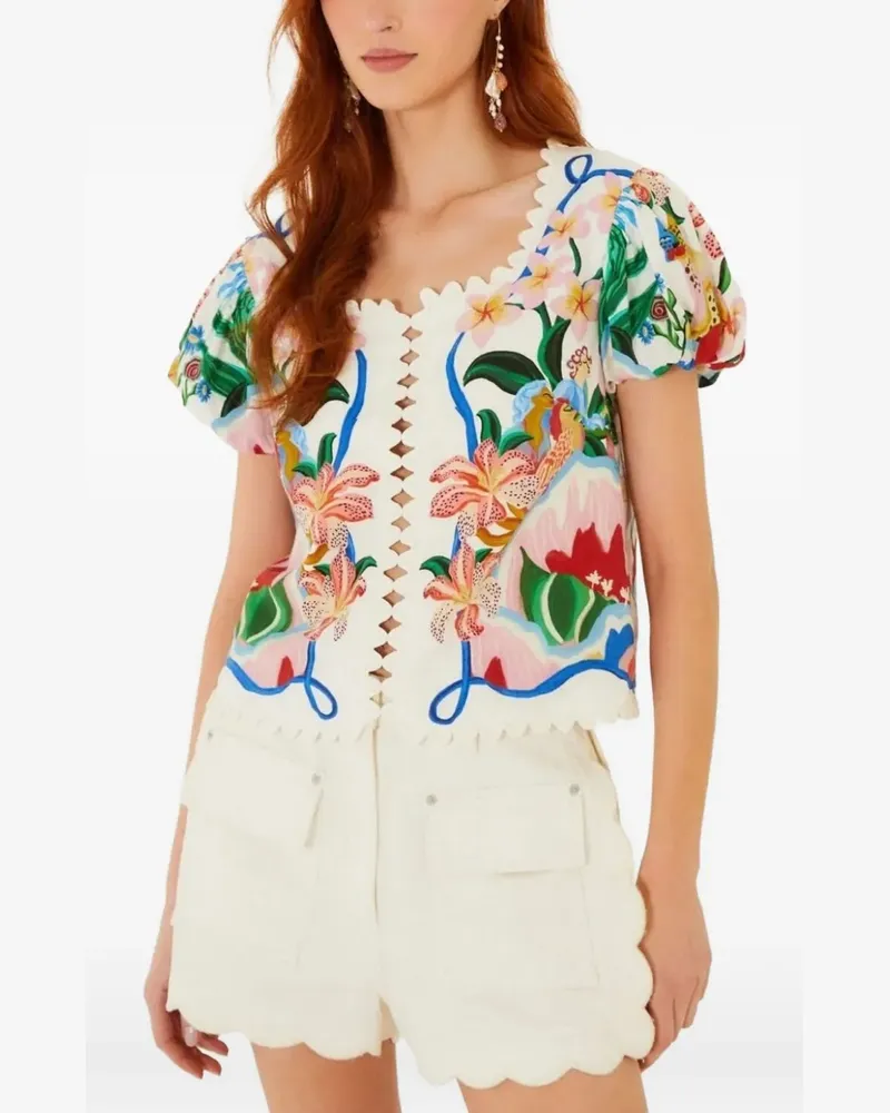 FARM Rio Garden Of Life floral-print scallop-edge top - Weiß Weiß