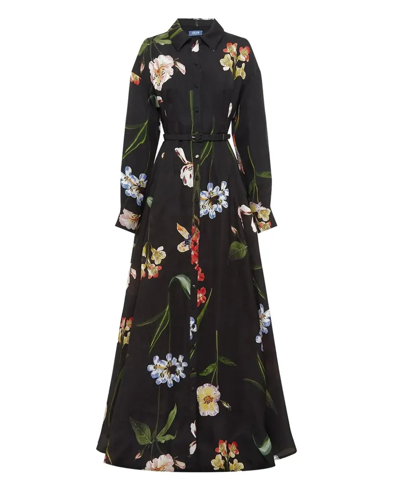 LEO LIN floral-print belted shirt maxi dress - Schwarz Schwarz