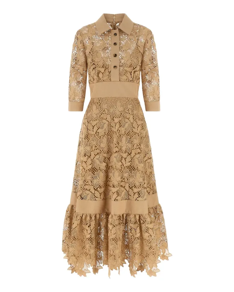 Elie Saab Gerüschtes Midikleid mit Blumen - Nude Nude