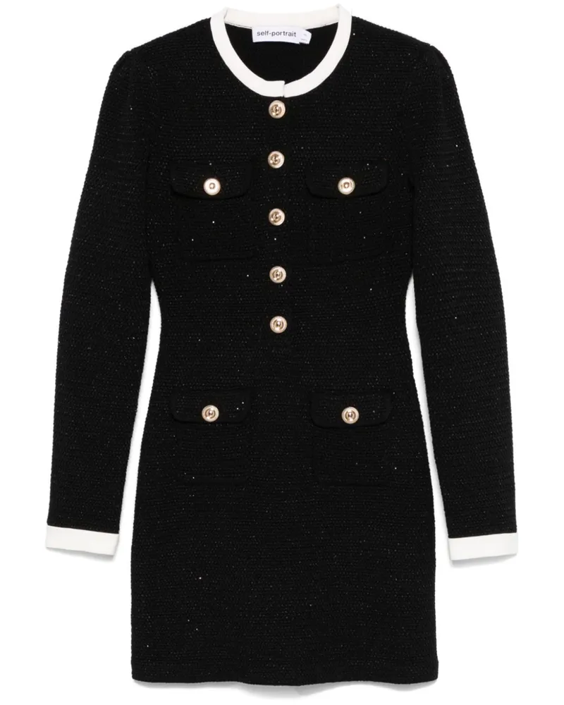 Self-Portrait Gestricktes Minikleid mit Kontrastkragen - Schwarz Schwarz