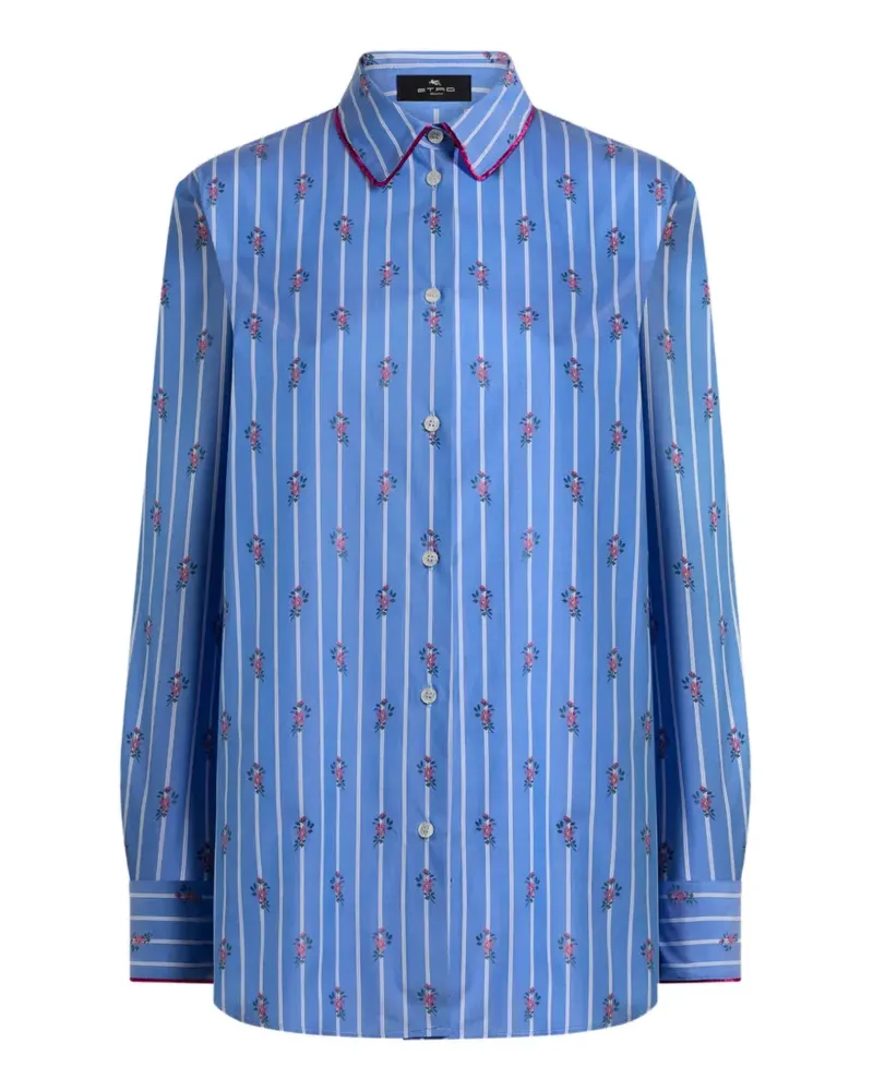 Etro Baumwoll-Jacquardhemd mit Besatz, Fil-Coupé-Streifen und Blumenmotiv - Blau Blau
