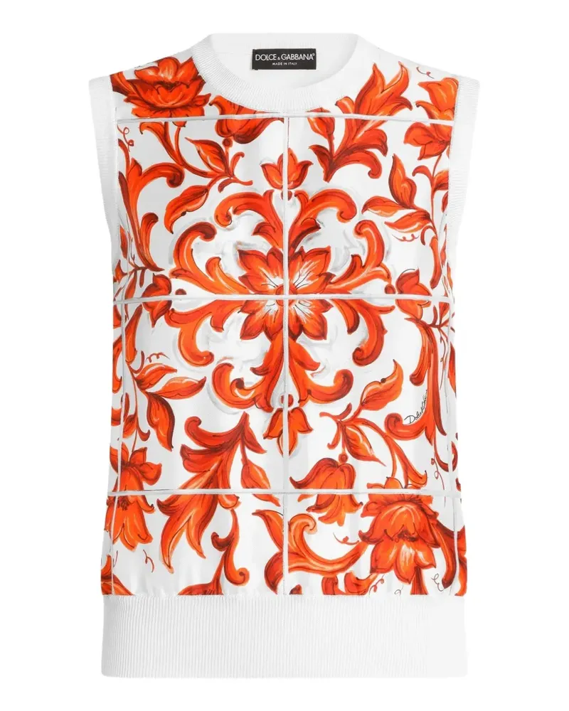 Dolce & Gabbana Tanktop aus Seide und Twill mit Majolika-Print - Weiß Weiß