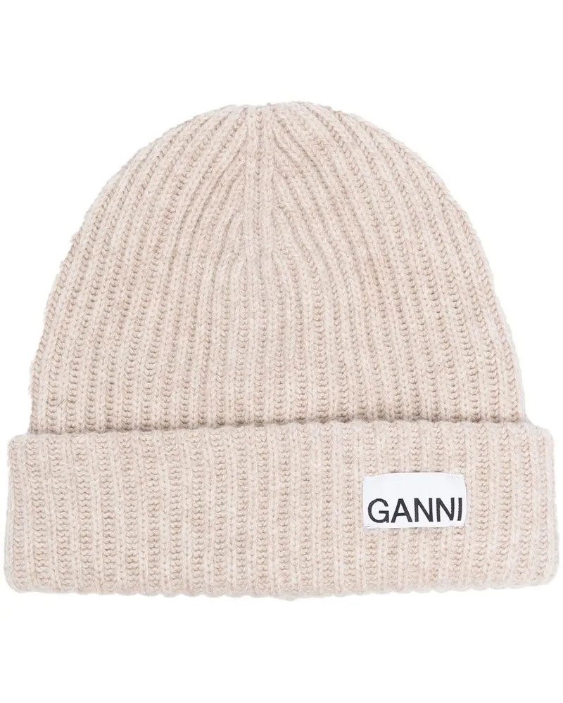 Ganni Gerippte Beanie mit Logo-Patch - Nude Nude