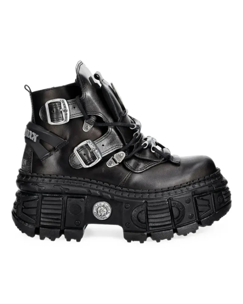 New Rock Wall Stiefel mit Schnallenriemen - Schwarz Schwarz