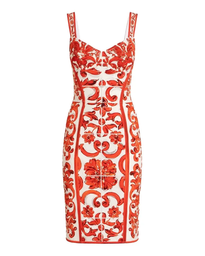 Dolce & Gabbana Kurzes Charmeuse Kleid mit Majolica-Print - Weiß Weiß