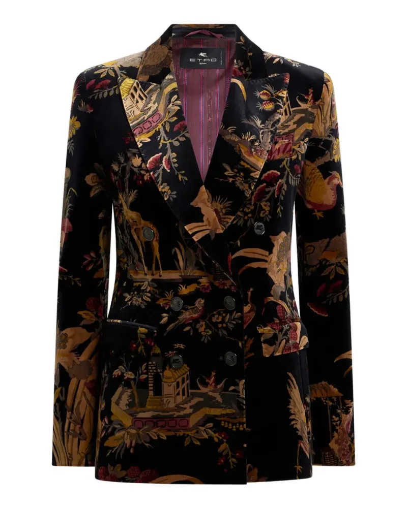 Etro double-breasted cotton velvet jacket with flower and animal overprint - Schwarz Schwarz
