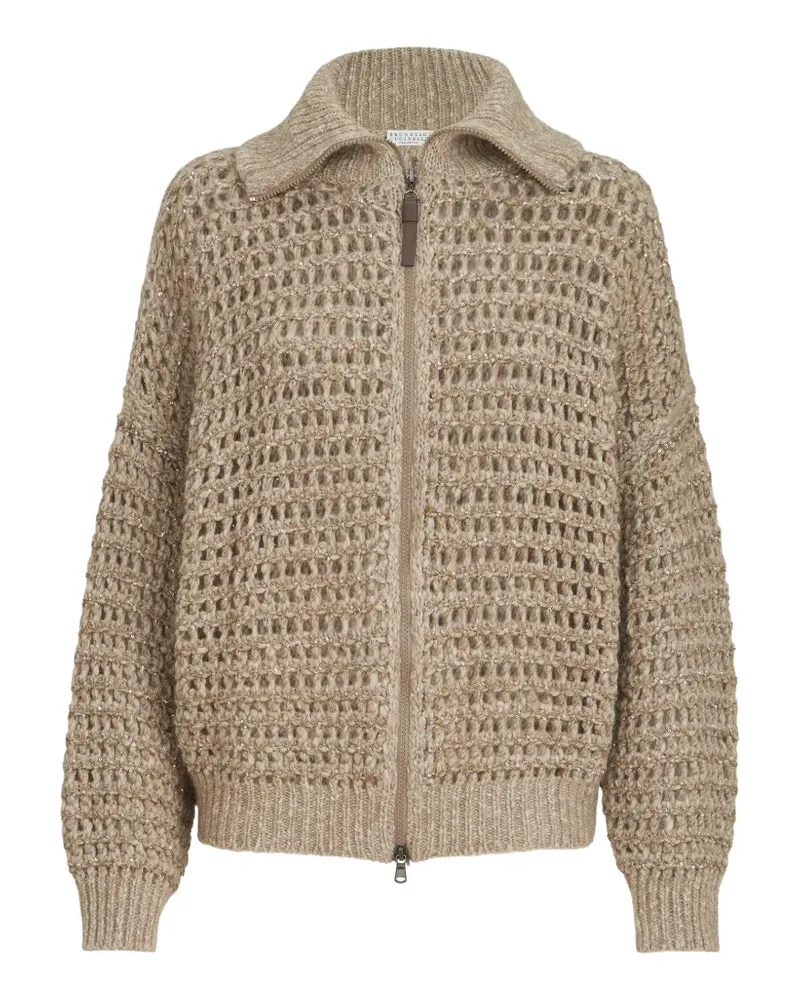 Brunello Cucinelli dazzling soft virgin wool and cashmere net cardigan - Nude Nude