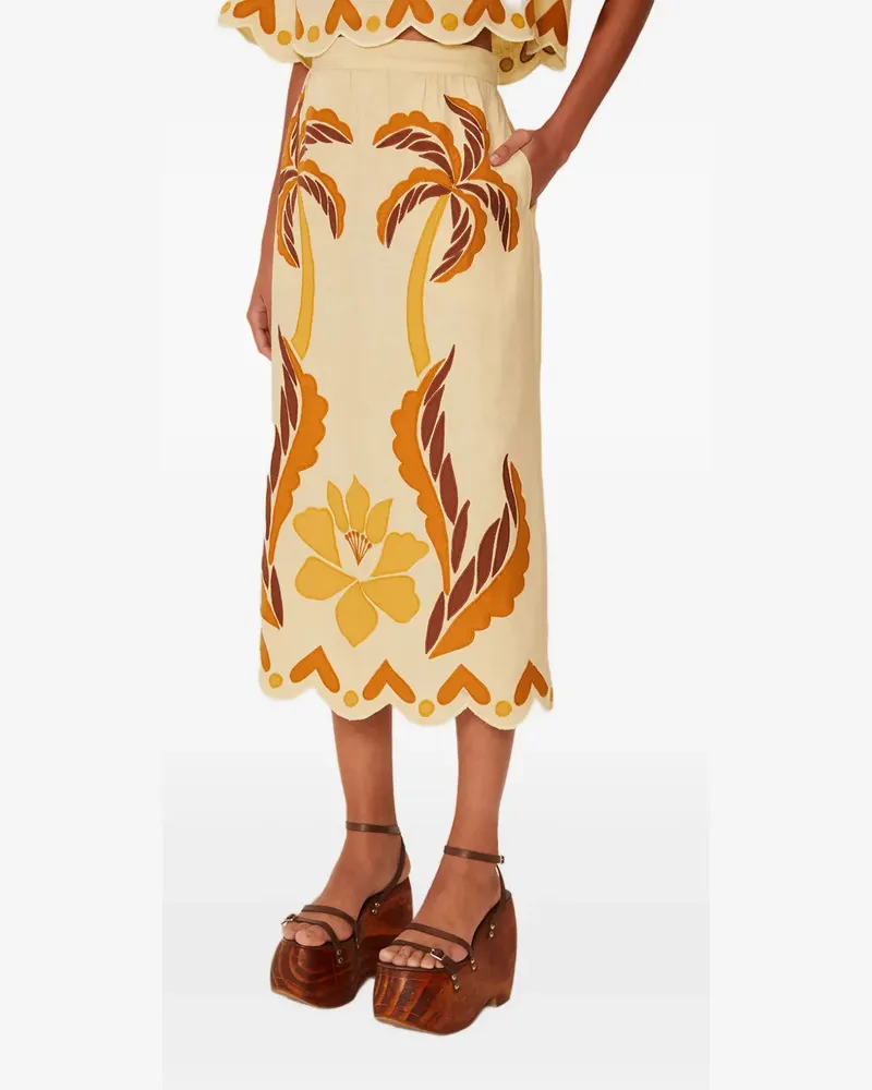 FARM Rio floral palm-tree midi skirt - Nude Nude