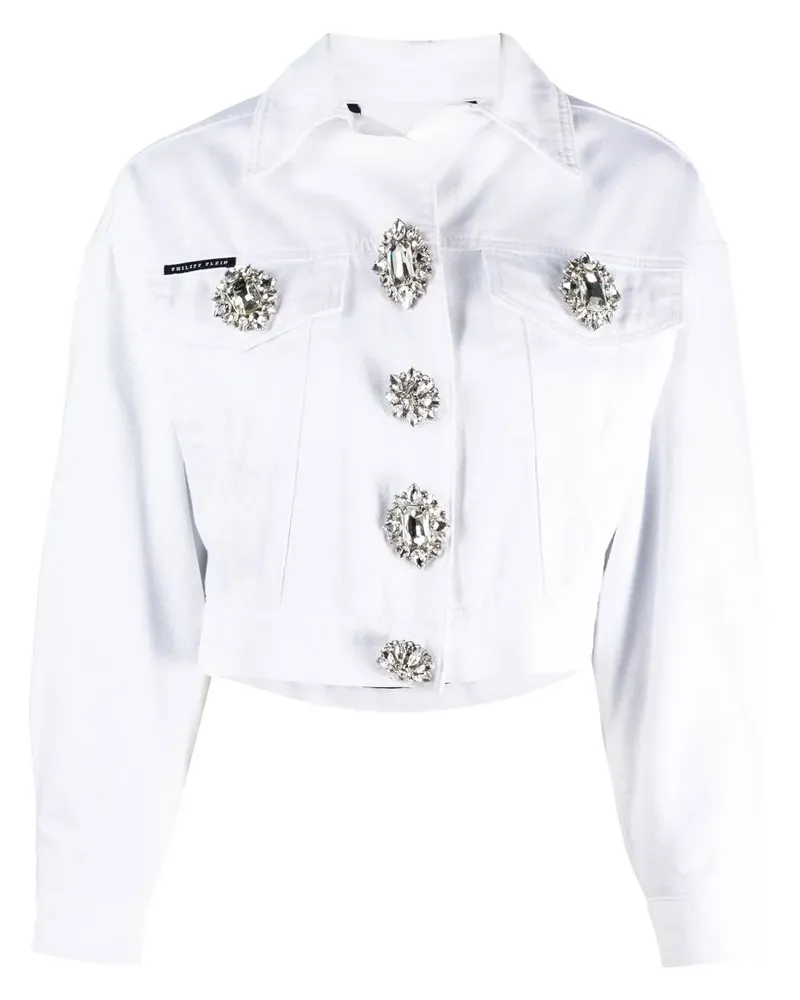 Philipp Plein Cropped-Jeansjacke mit Kristallknöpfen - Weiß Weiß