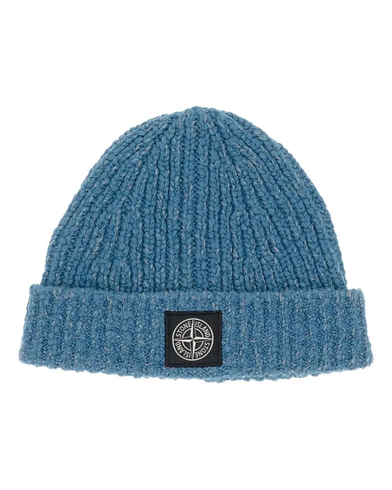 Stone Island Gerippte Beanie mit Patch - Blau Blau