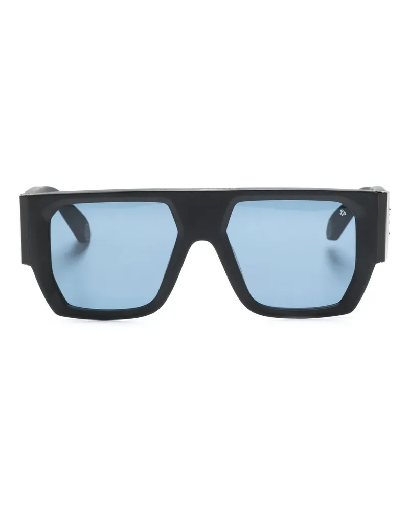 Philipp Plein Eckige Sonnenbrille mit Logo-Prägung - Schwarz Schwarz