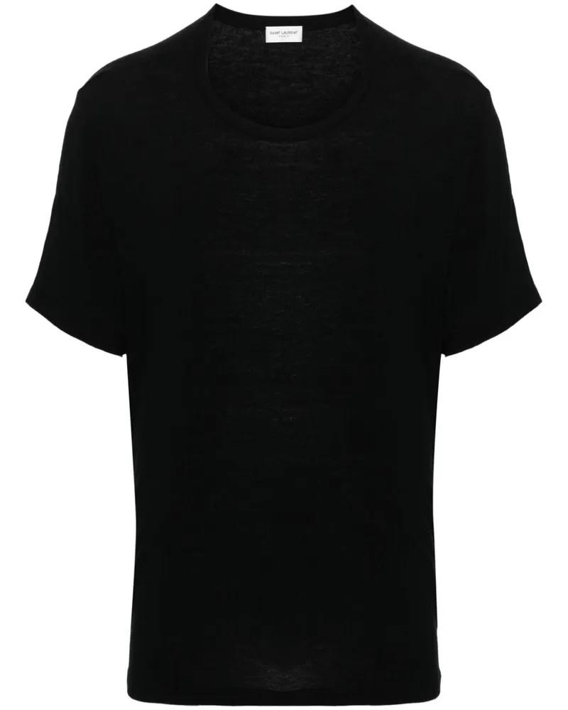 Saint Laurent Geripptes T-Shirt mit rundem Ausschnitt Schwarz