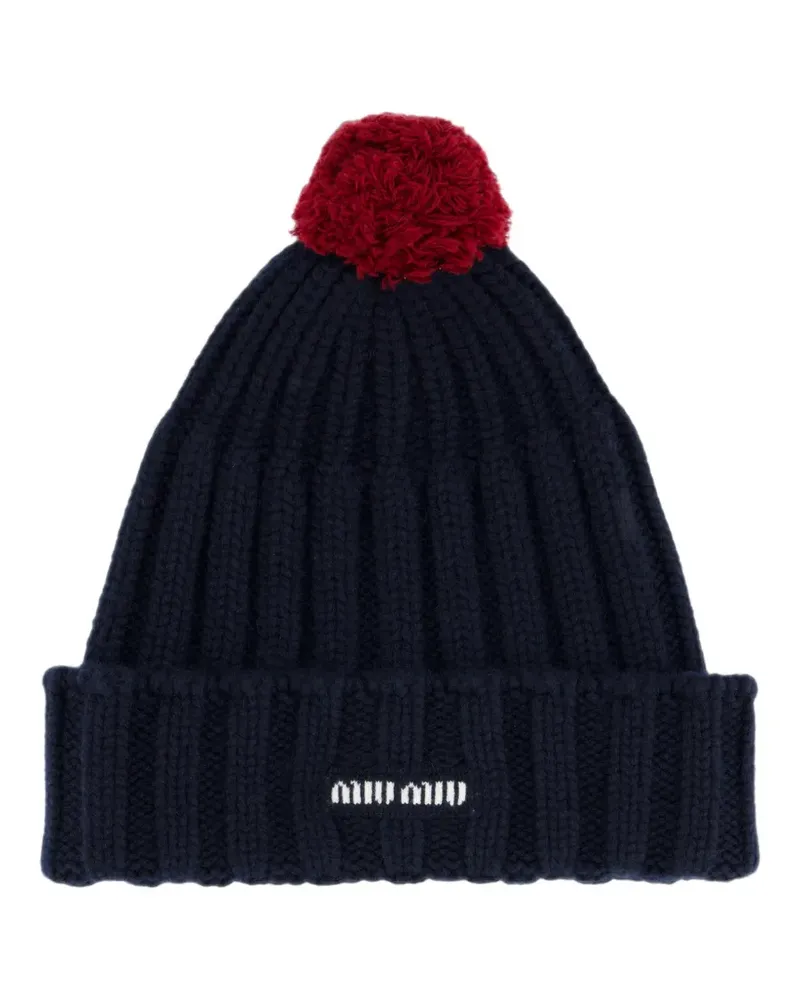 Miu Miu Gerippte Beanie mit Bommel - Blau Blau
