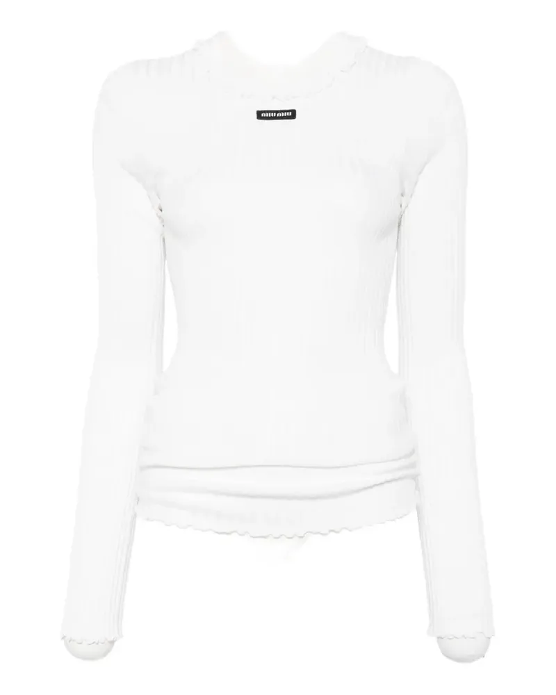 Miu Miu ribbed-knit ruffle-trim silk T-shirt - Nude Nude