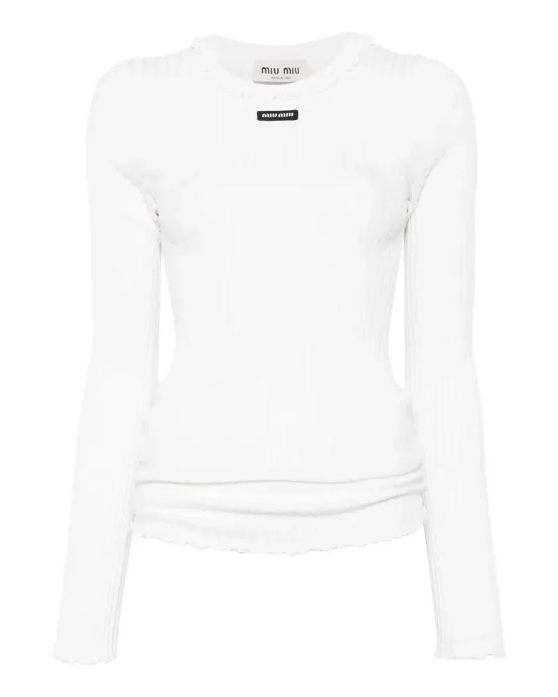 Miu Miu ribbed-knit ruffle-trim silk T-shirt - Nude Nude