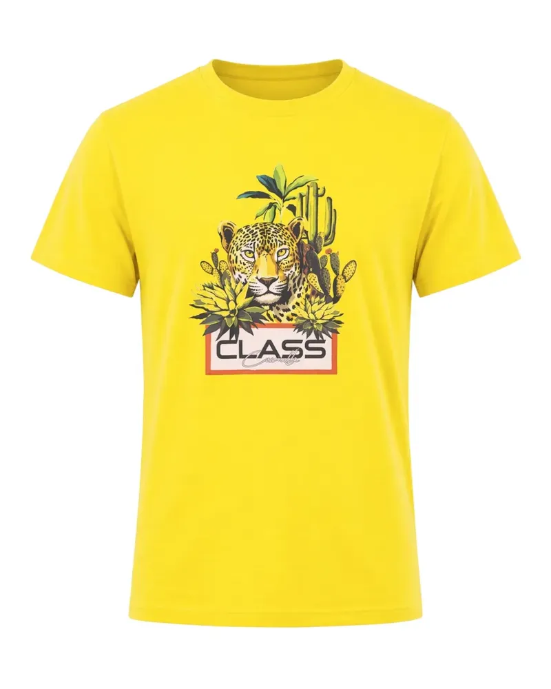 Roberto Cavalli jaguar-print tropical-motif T-shirt - Gelb Gelb