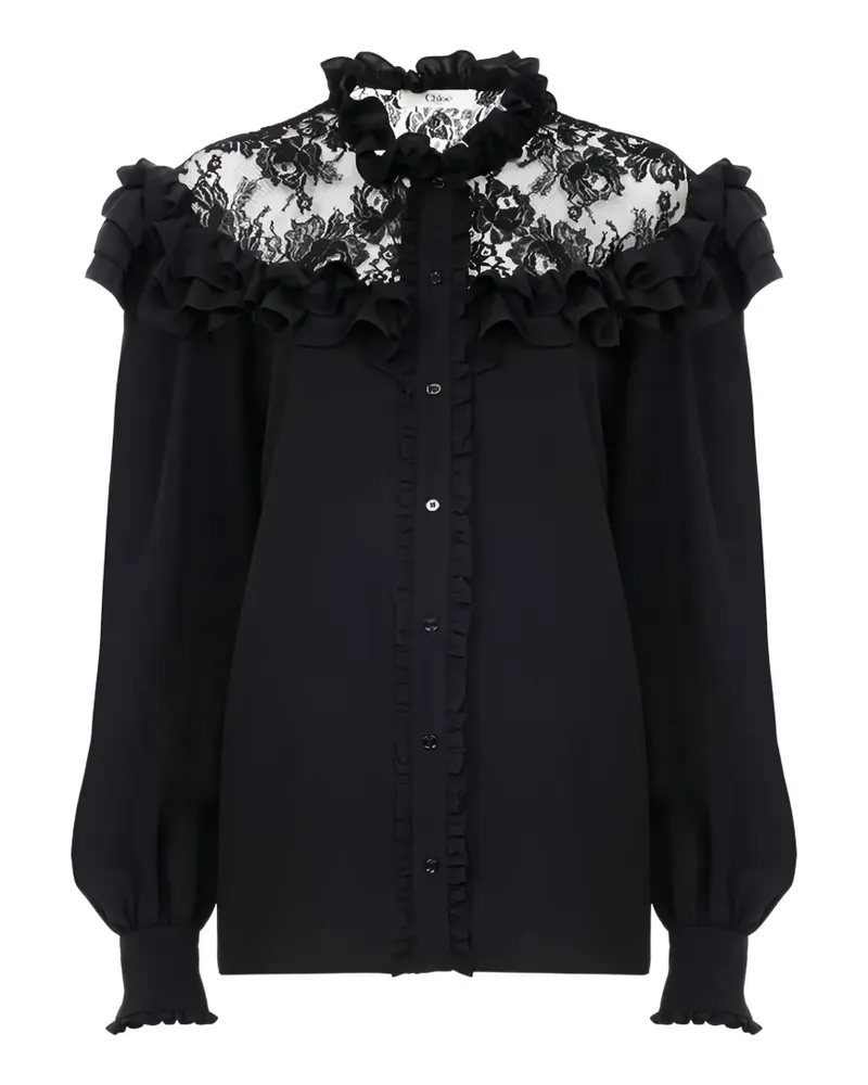Chloé Gerüschte Bluse mit Stehkragen aus Crêpe de Chine und Spitze - Schwarz Schwarz