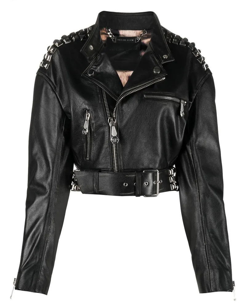 Philipp Plein Cropped-Lederjacke mit Nieten Schwarz