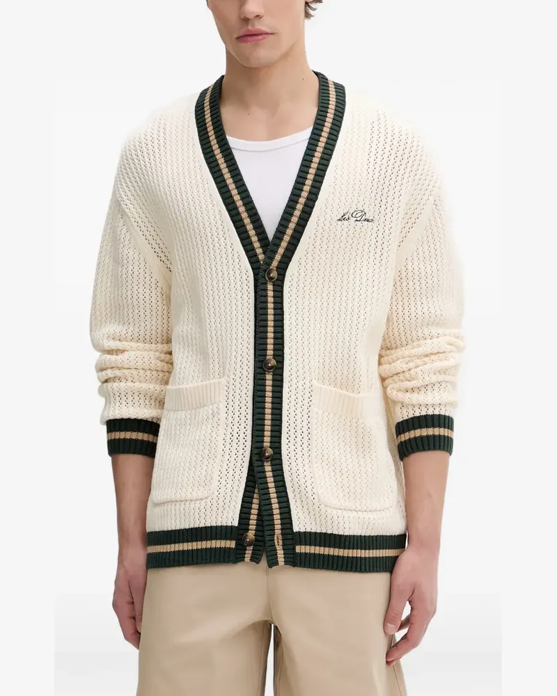 LES DEUX logo-embroidered striped-trim cardigan - Nude Nude