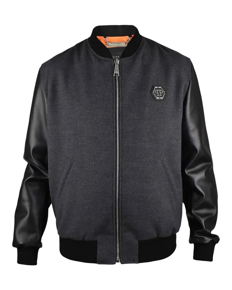 Philipp Plein Bomberjacke mit Lederärmeln und Logo-Print - Grau Grau