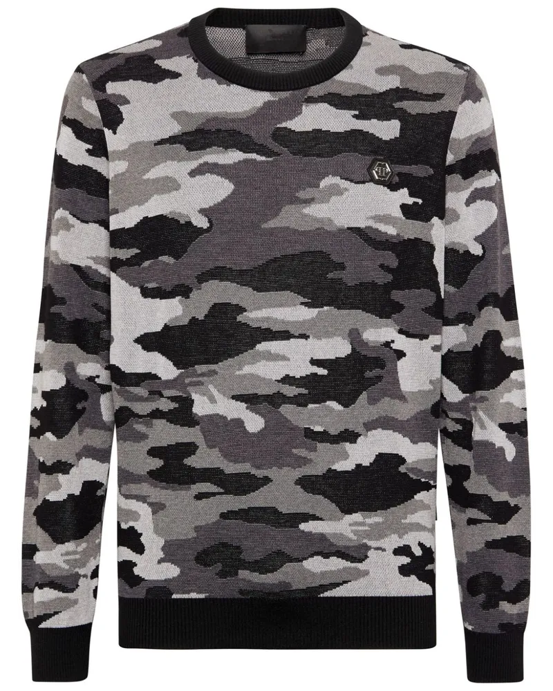 Philipp Plein Merinopullover mit Camouflagemuster - Schwarz Schwarz