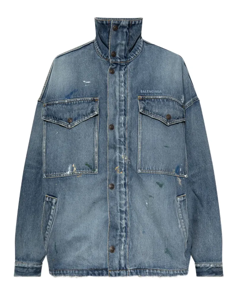 Balenciaga logo-print paint-splatter denim jacket - Blau Blau