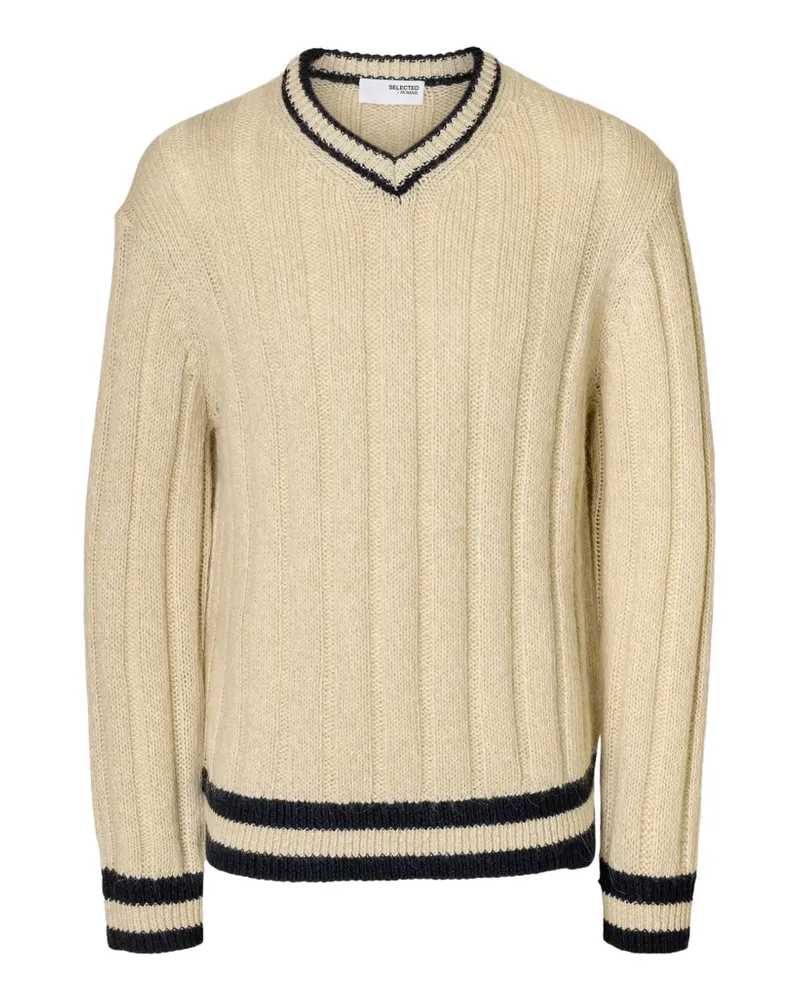 Selected Gerippter Pullover mit V-Ausschnitt - Nude Nude